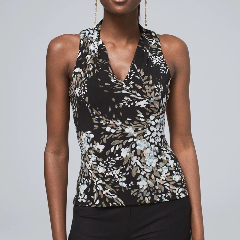 White House Black Market Black Floral Faux-Wrap Halter Top